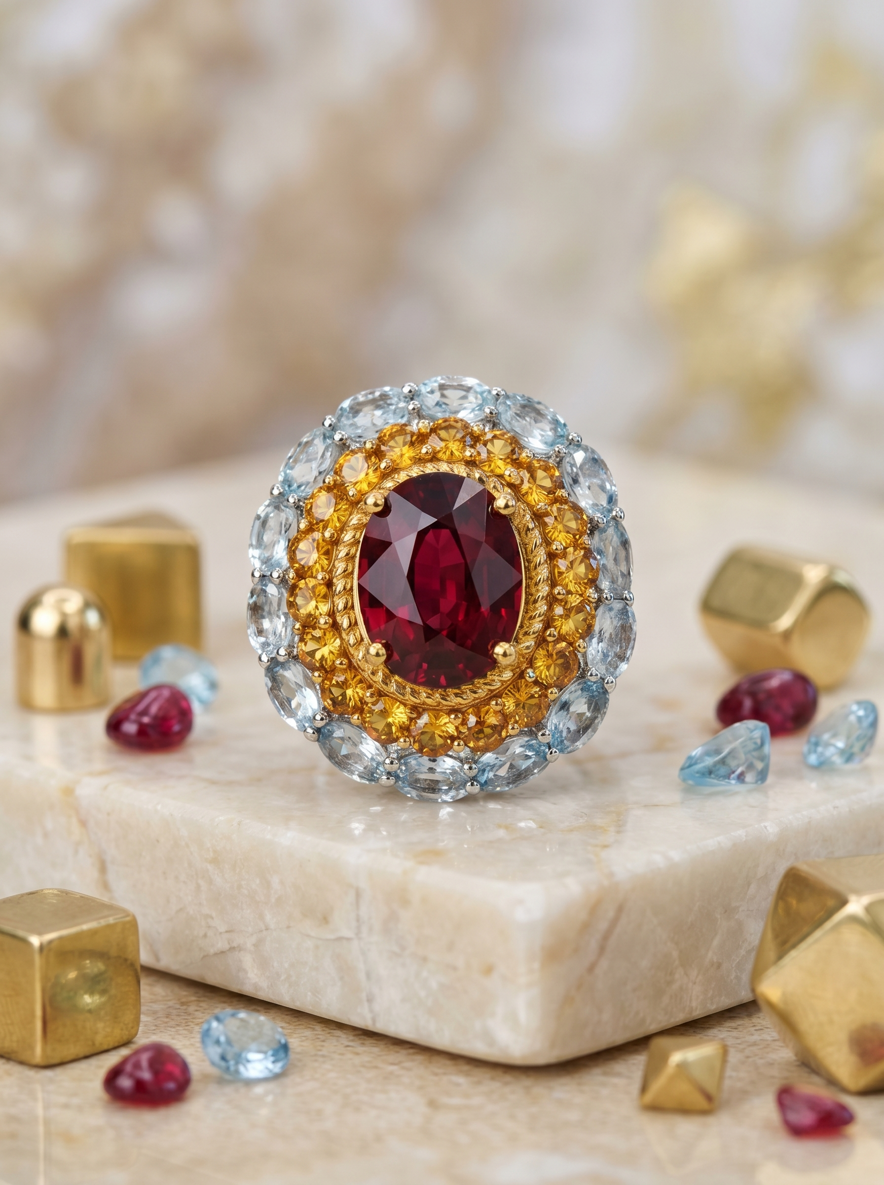 Two-Tone Gold Garnet Citrine & Aquamarine Ring 925 Silver K-Gold