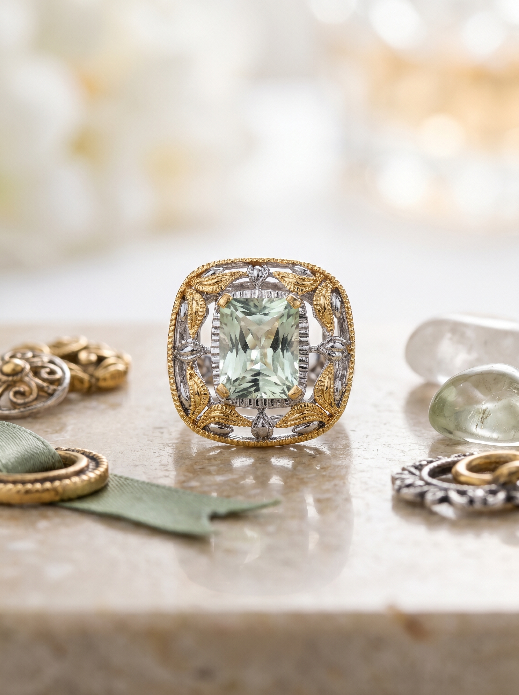 Two-Tone Gold Cushion-Cut Aquamarine Open Ring 925 Silver K-Gold
