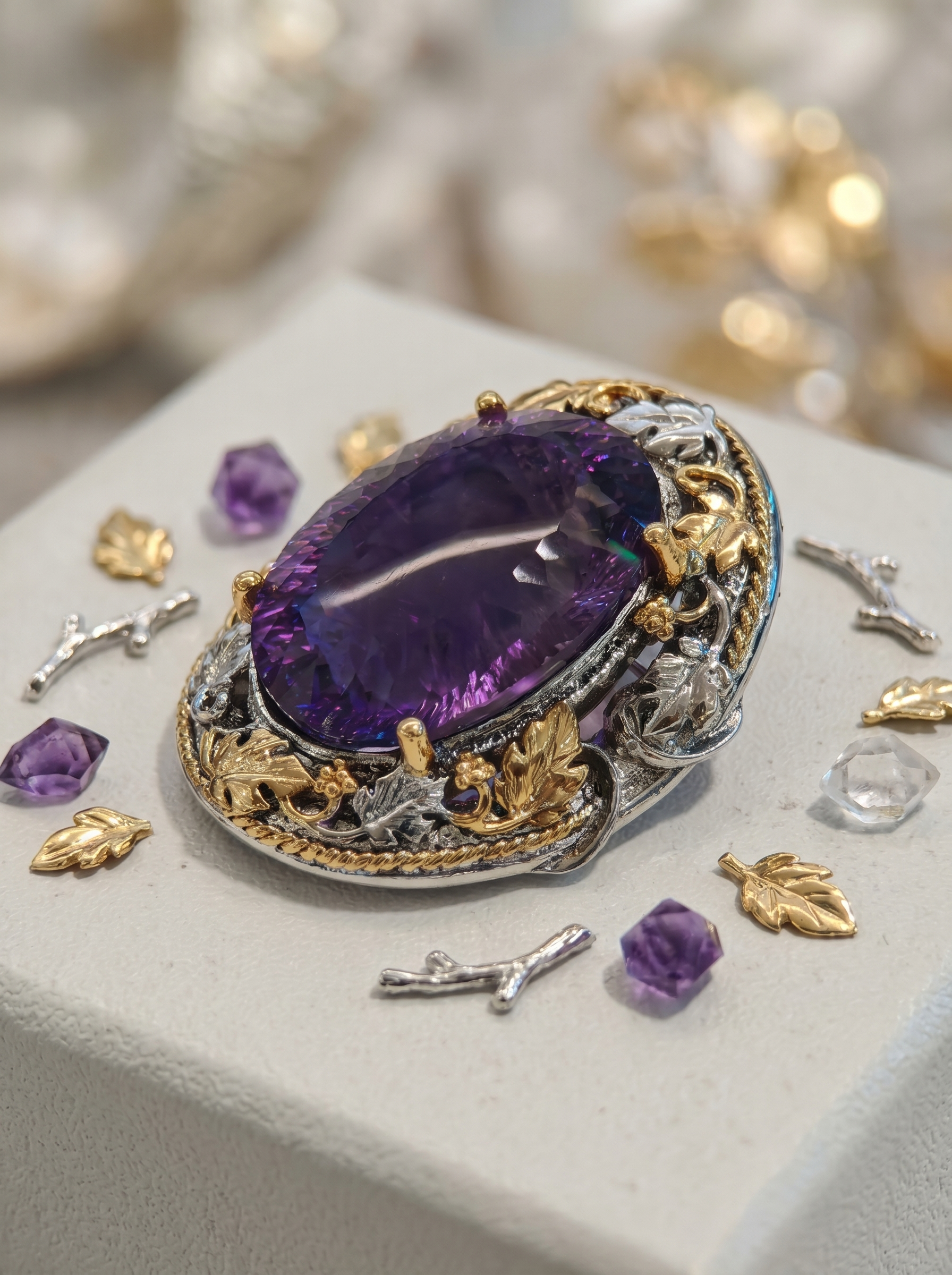 Vintage Palace Style Natural Amethyst Pendant & Brooch 2-in-1, Hand-Set in 925 Sterling Silver with K-Gold Plating
