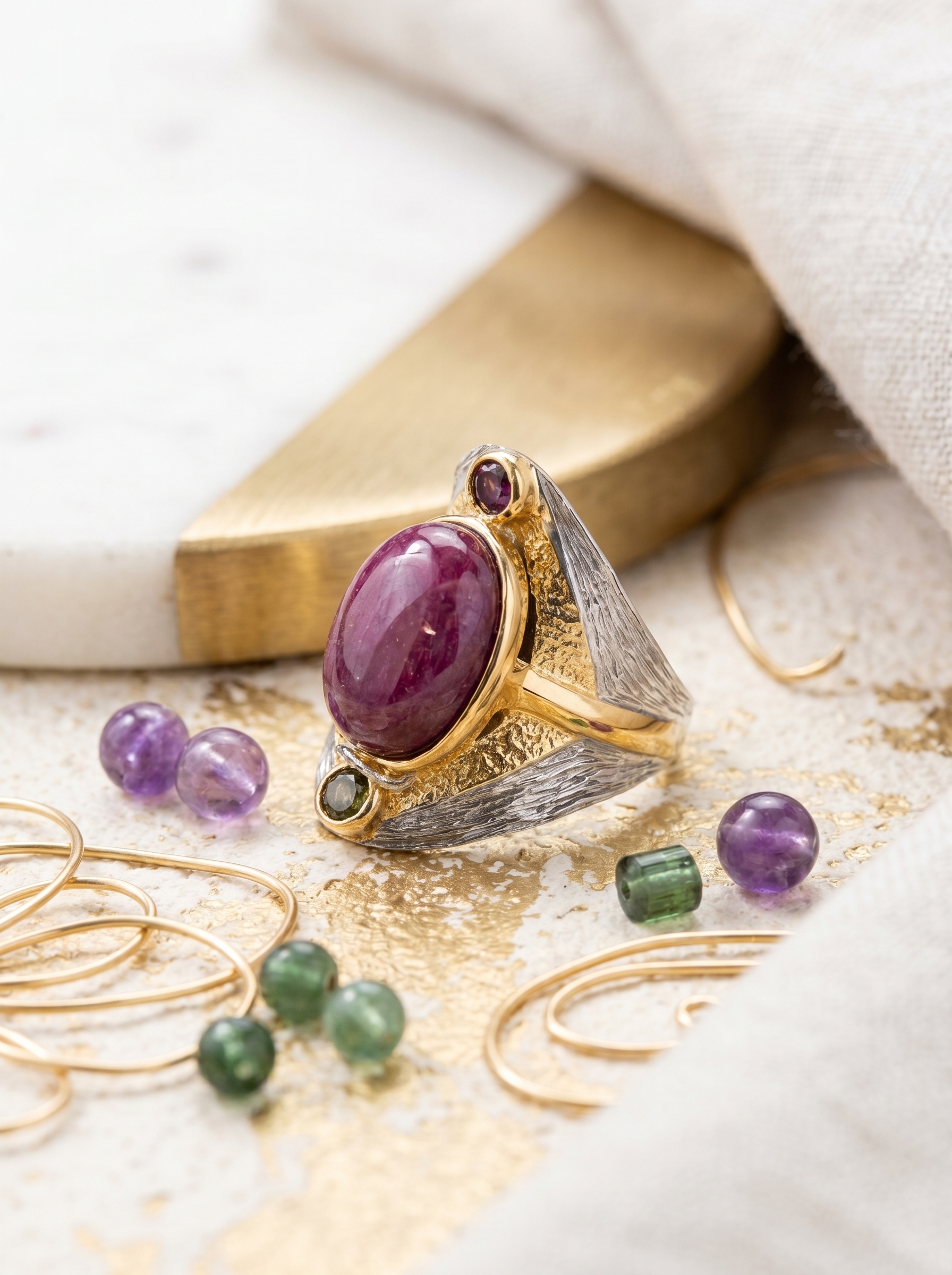 925 Silver K-Gold Plated Ruby Open Ring