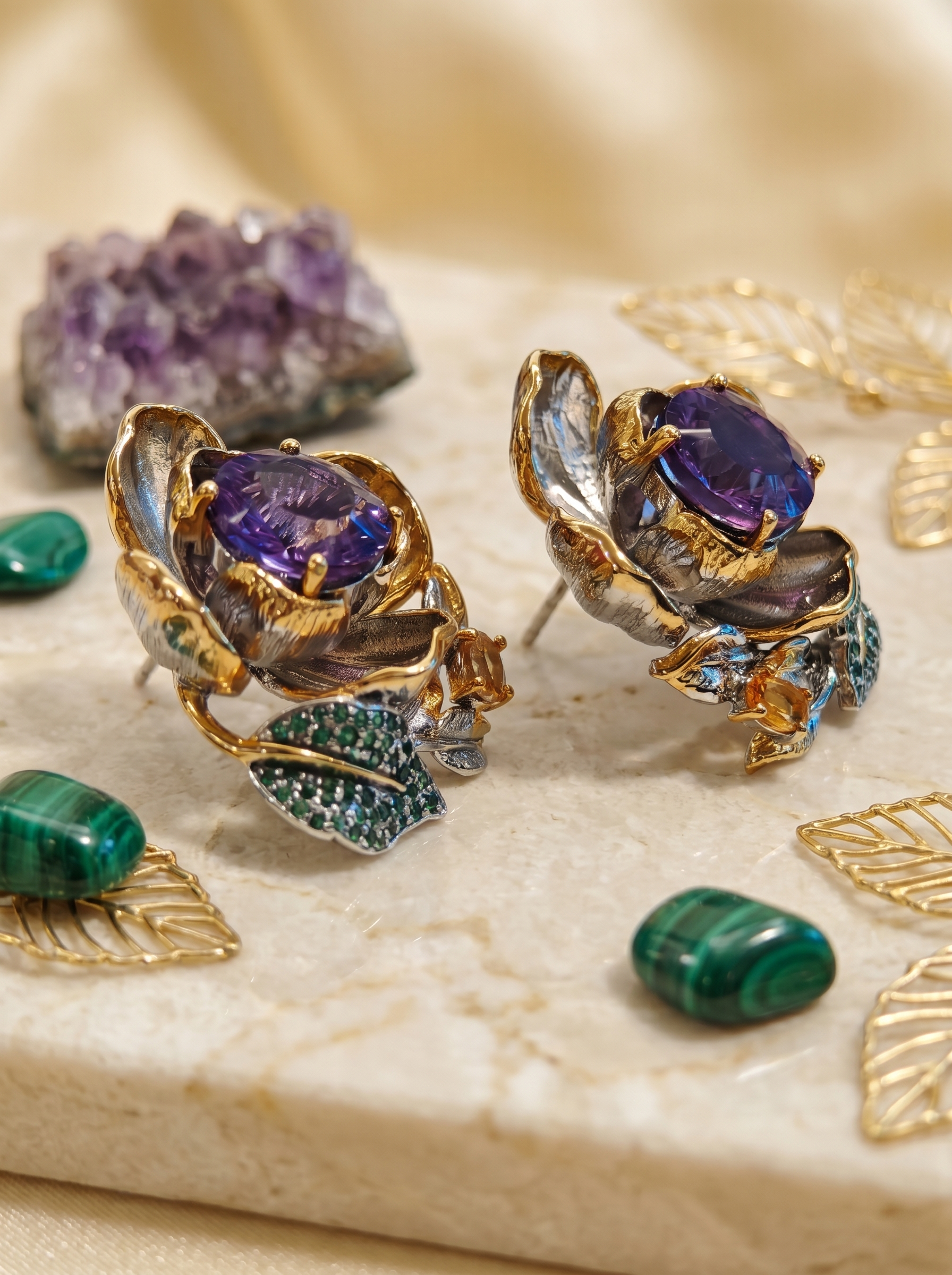 Floral Amethyst & Emerald Accent Two-Tone Earrings  925 Silver K-Gold