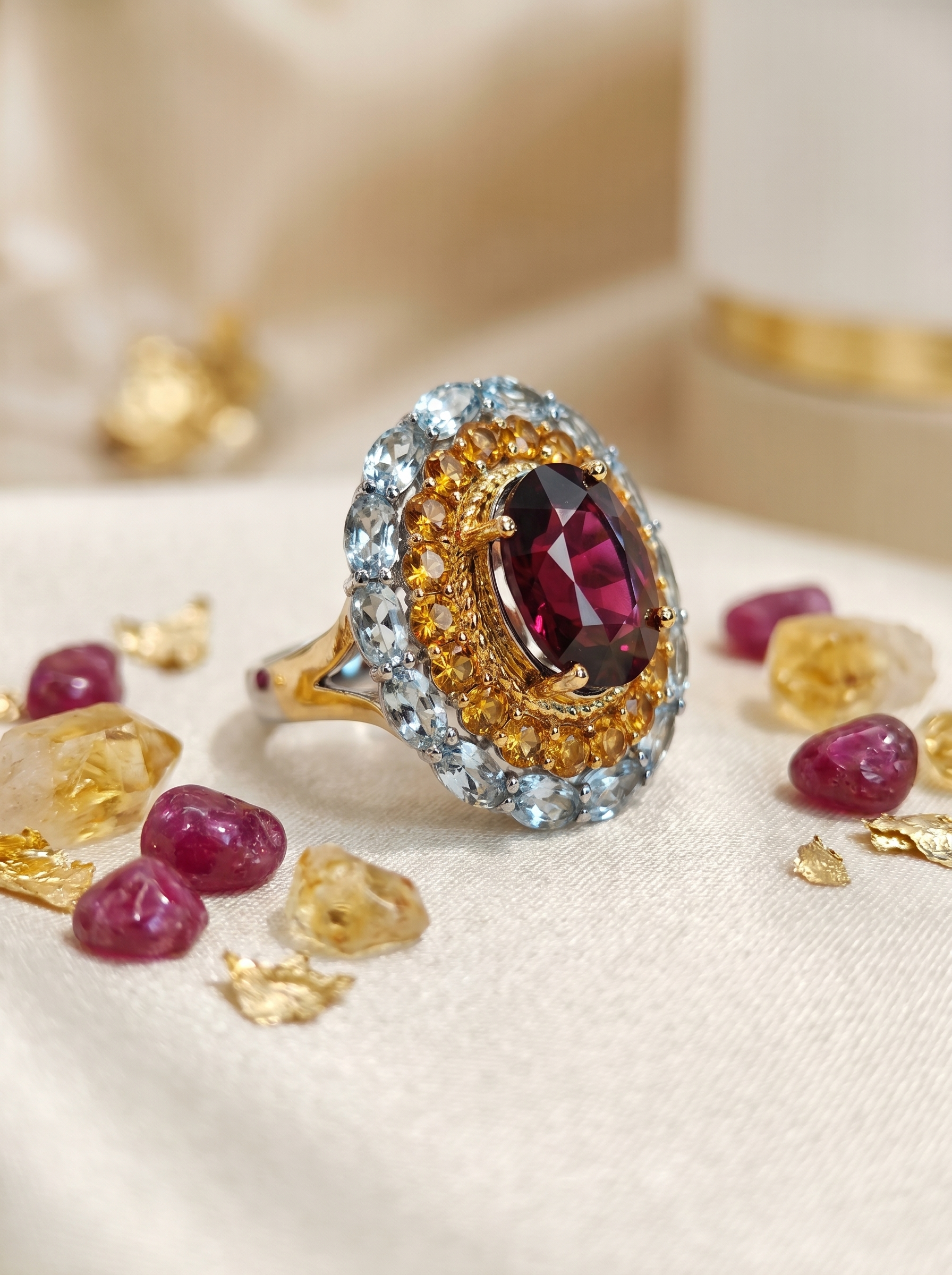 Two-Tone Gold Garnet Citrine & Aquamarine Ring 925 Silver K-Gold