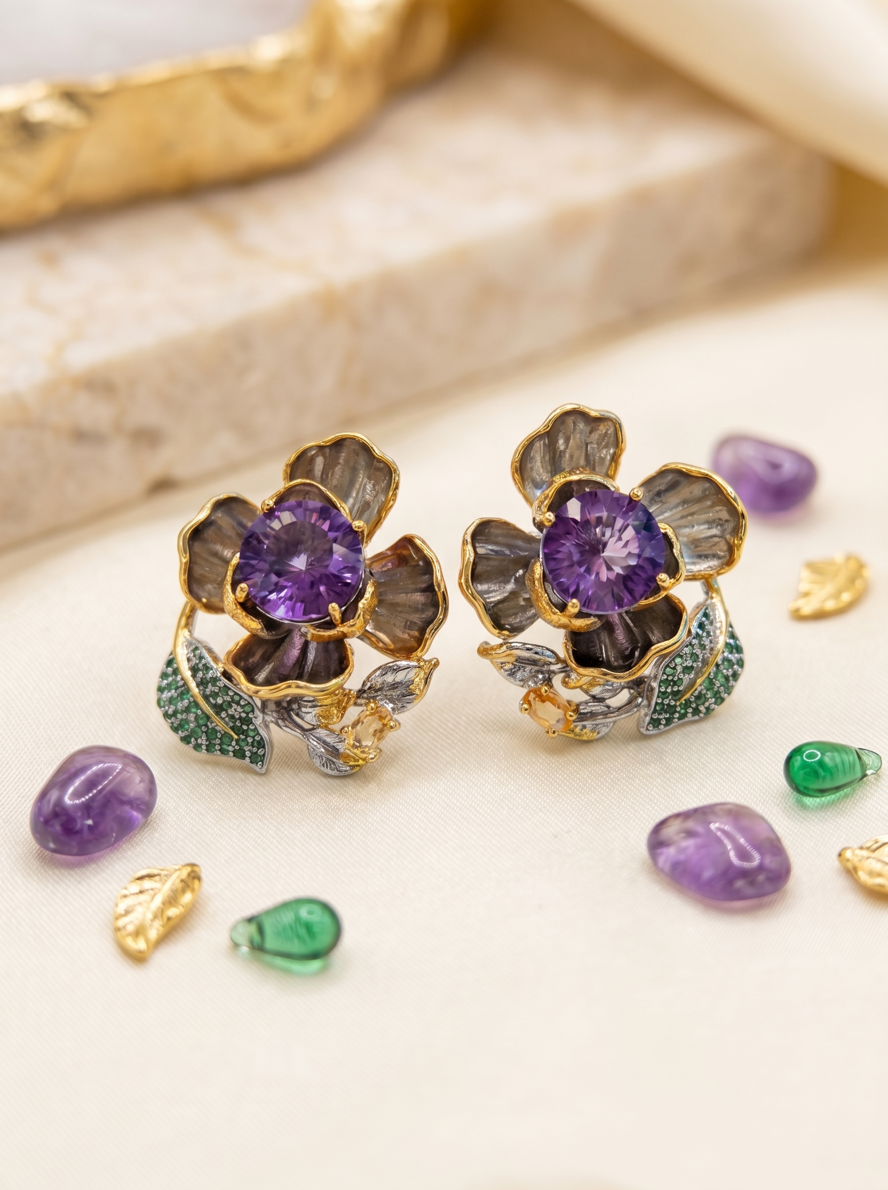 Floral Amethyst & Emerald Accent Two-Tone Earrings  925 Silver K-Gold