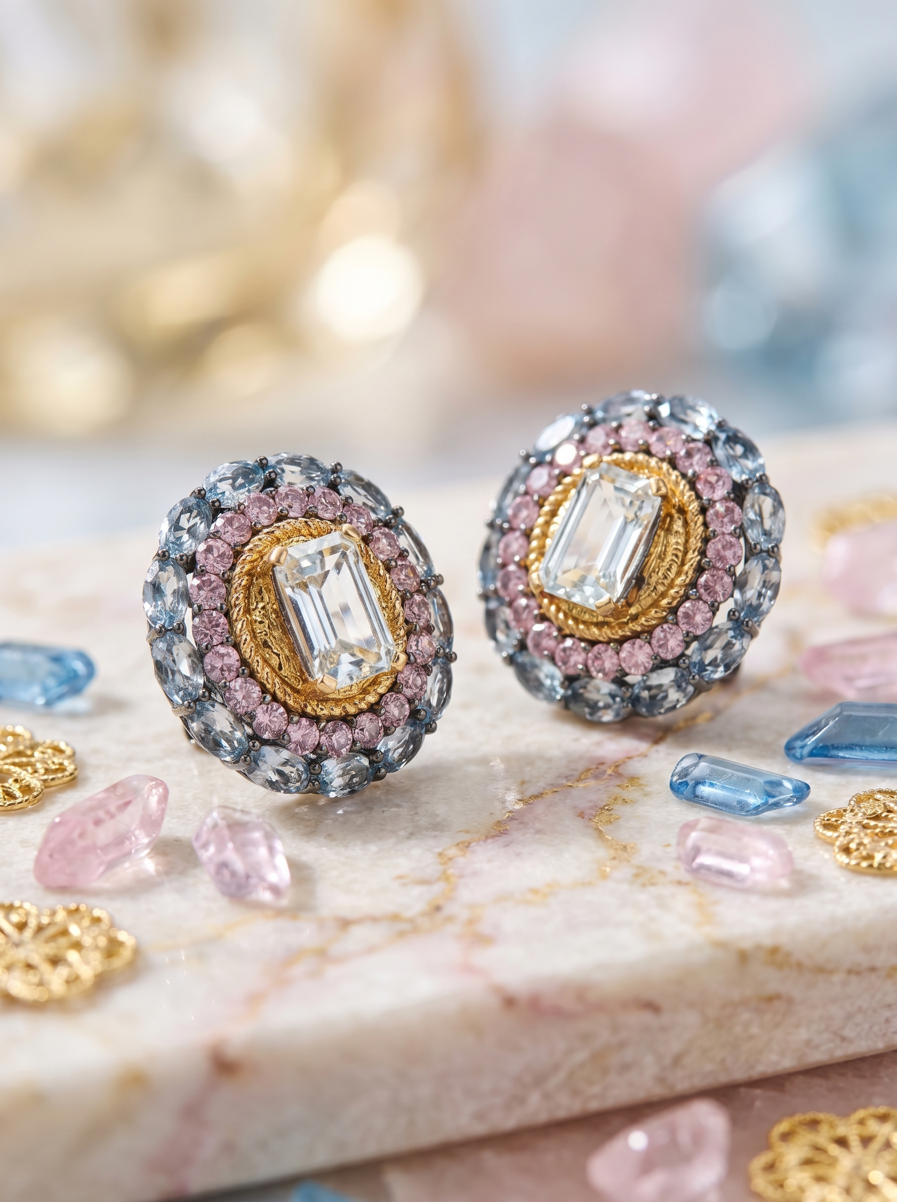 Gilded Triple Halo Aquamarine Multi-Gem Stud Earrings 25 Silver K-Gold