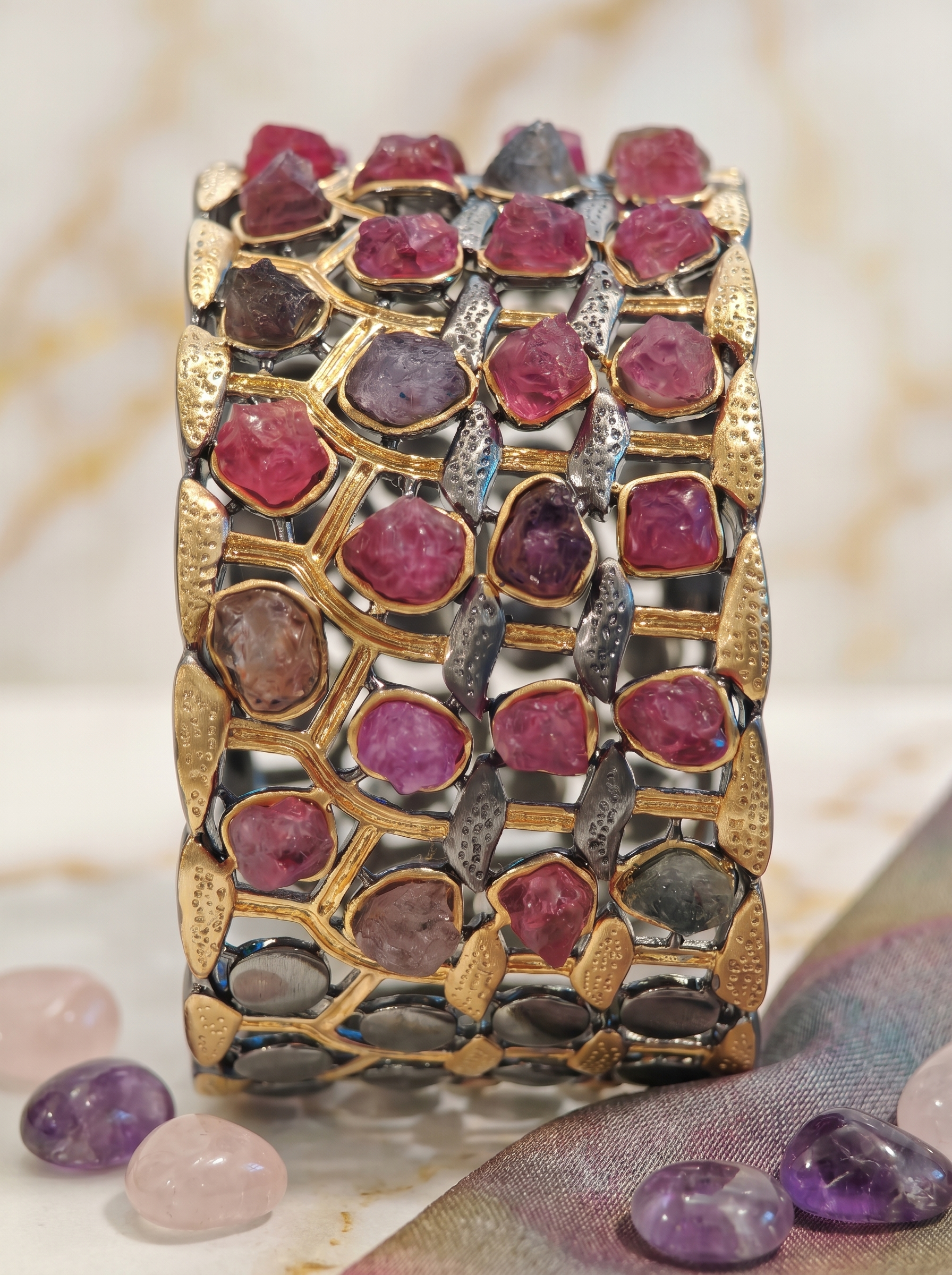 Gilded Honeycomb Natural Spinel Two-Tone Gold Cuff Bracelet 925 Silver K-Gold