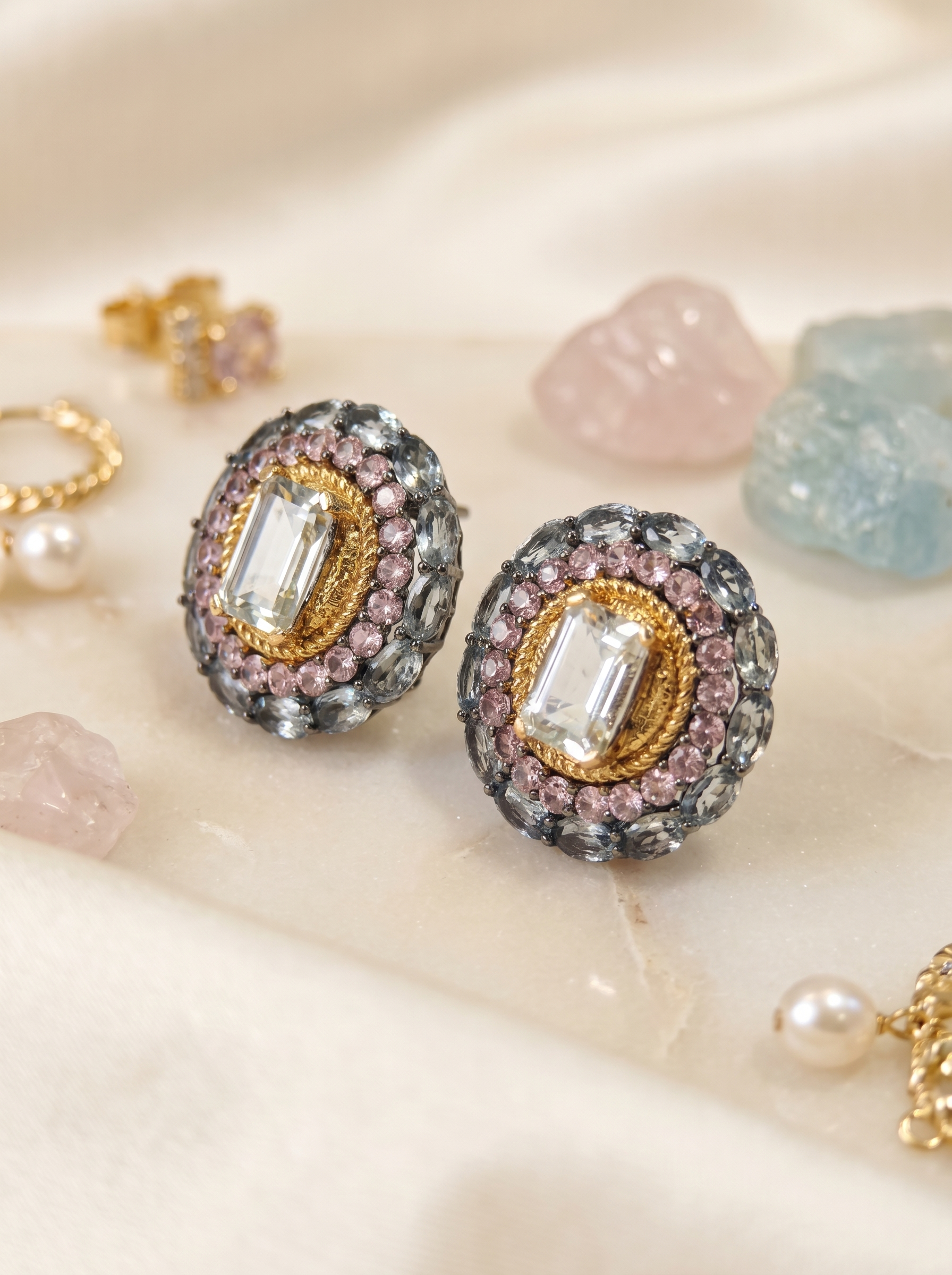 Gilded Triple Halo Aquamarine Multi-Gem Stud Earrings 25 Silver K-Gold