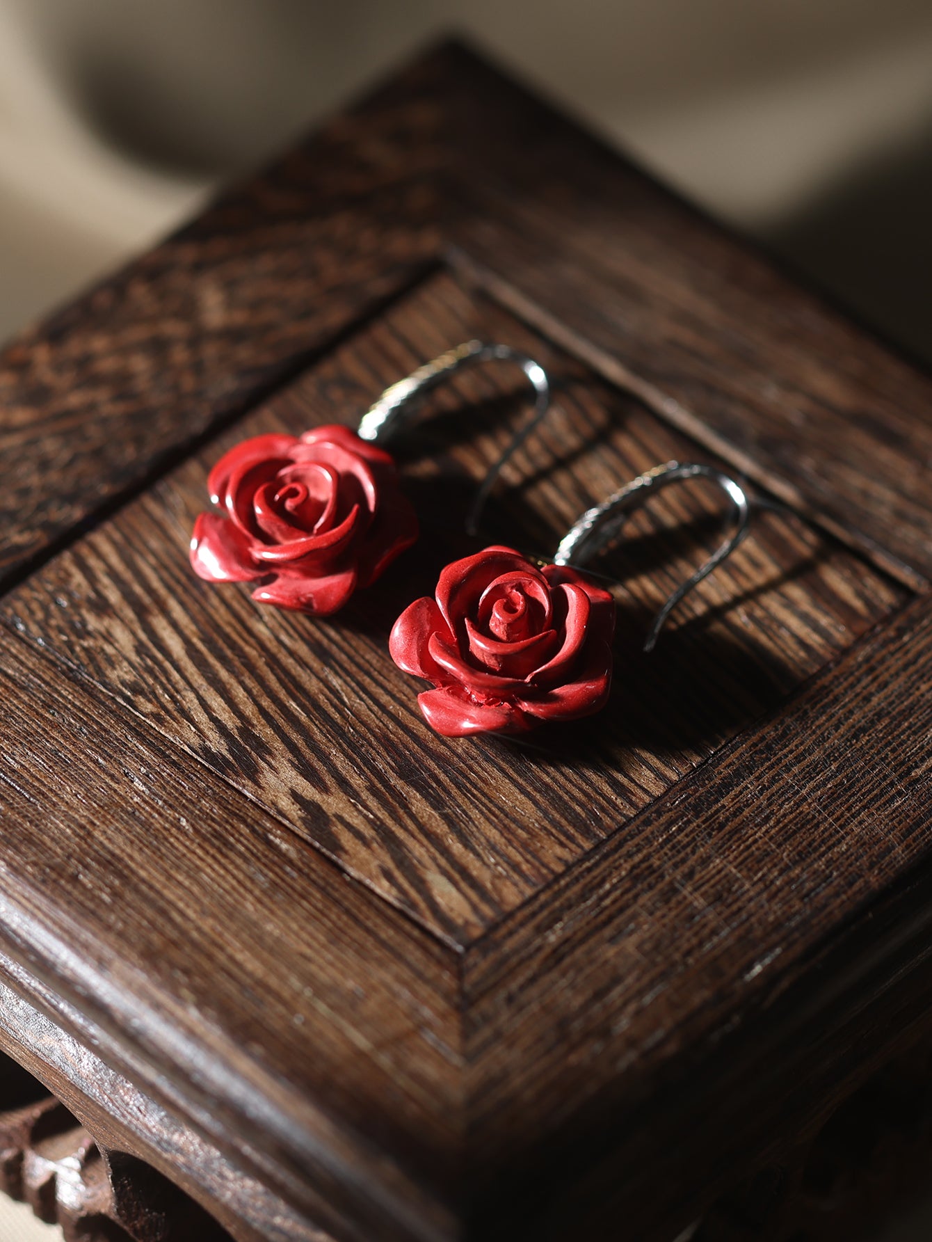 Cinnabar Rose：Silver - Hooked Earrings