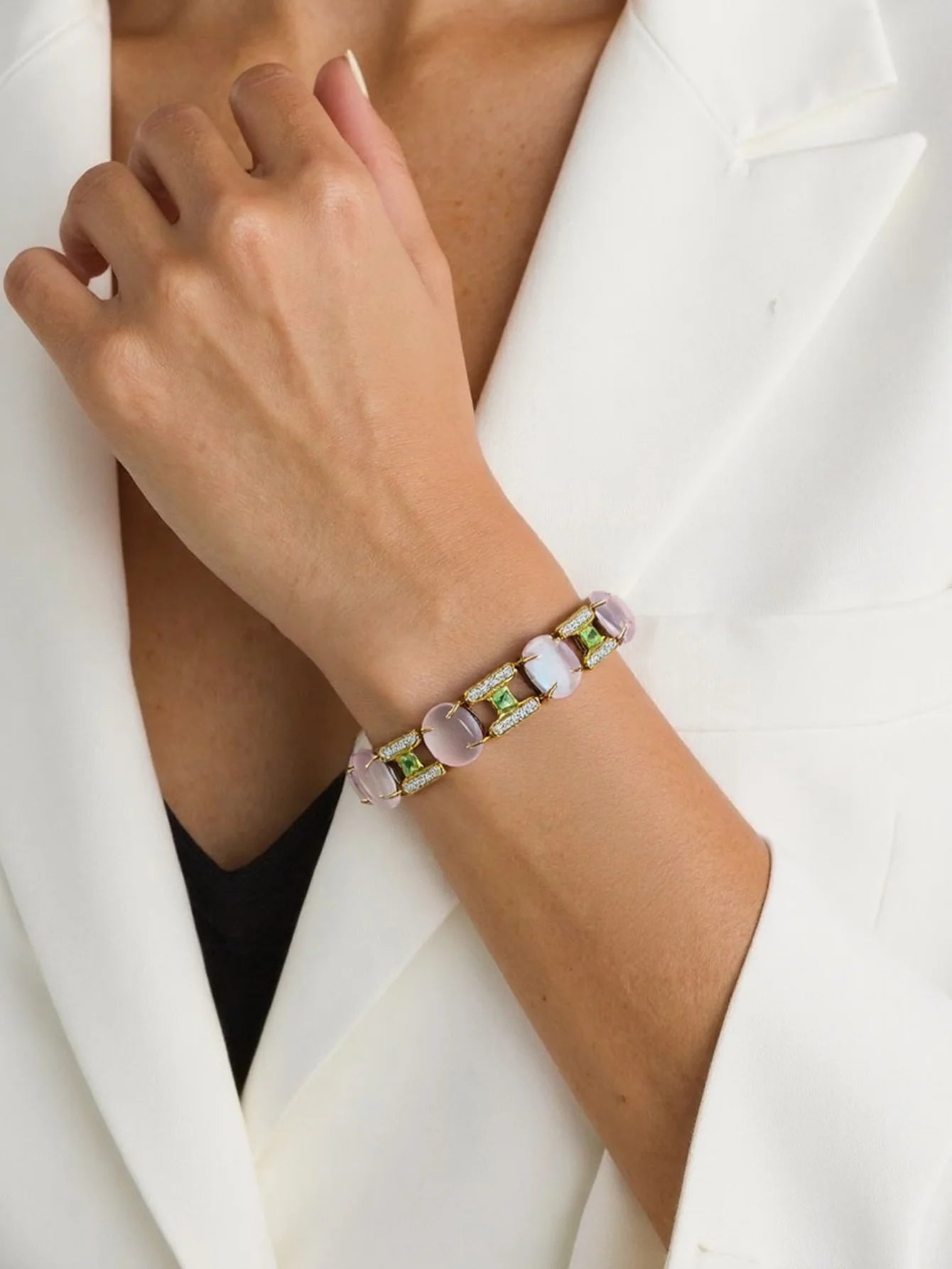 Spring Letter 925 Silver Rose Quartz & Peridot Statement Bracelet