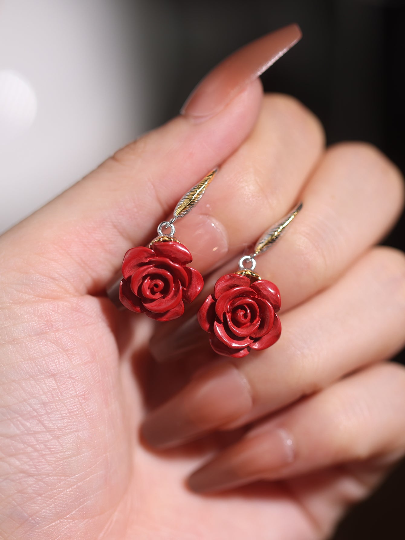 Cinnabar Rose：Silver - Hooked Earrings