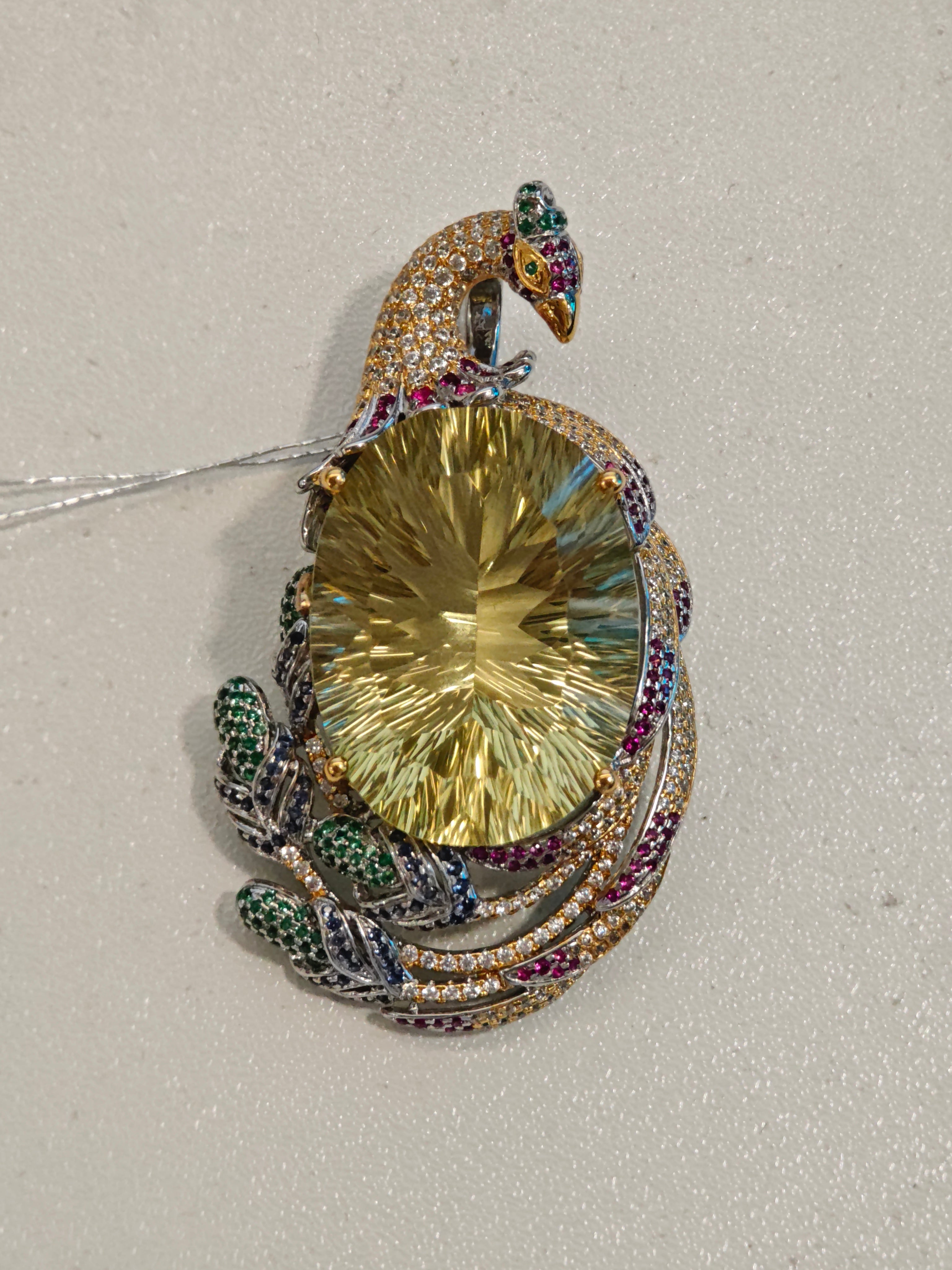 "Golden Phoenix Plume" Natural Lemon Quartz Peacock Pendant & Brooch, 925 Silver Dual-Use Statement Piece