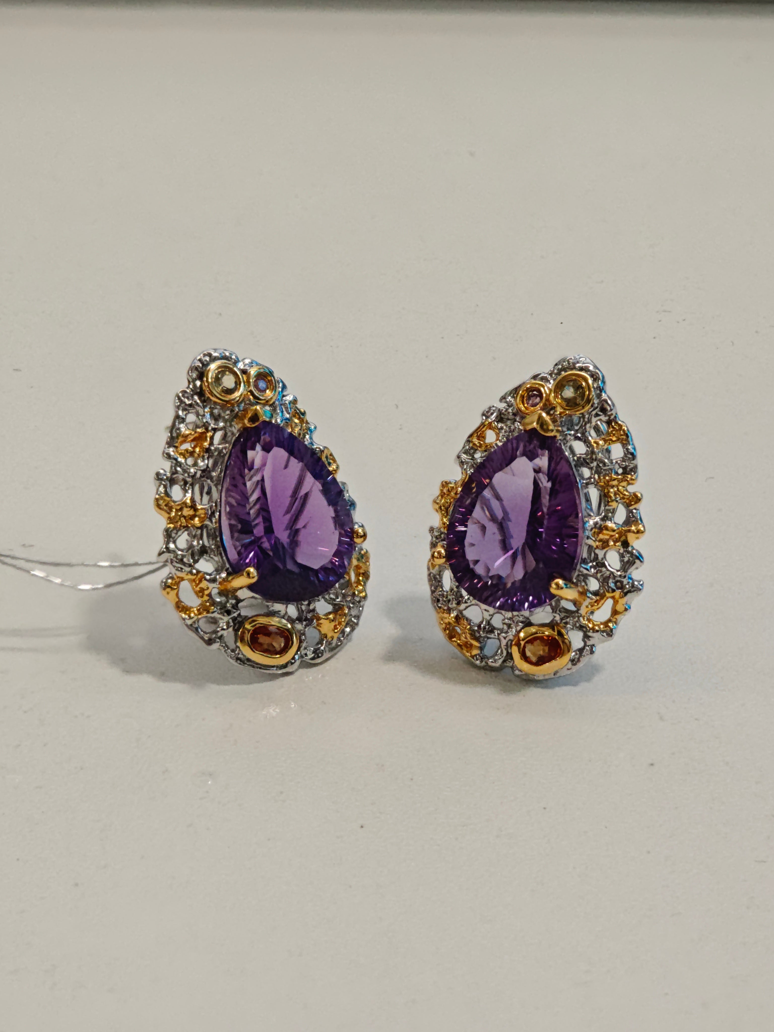 Purple Crystal Secret Realm - Natural Amethyst Statement Earrings, 925 Silver Two-Tone Gold Vintage Design, Unique & Luxurious