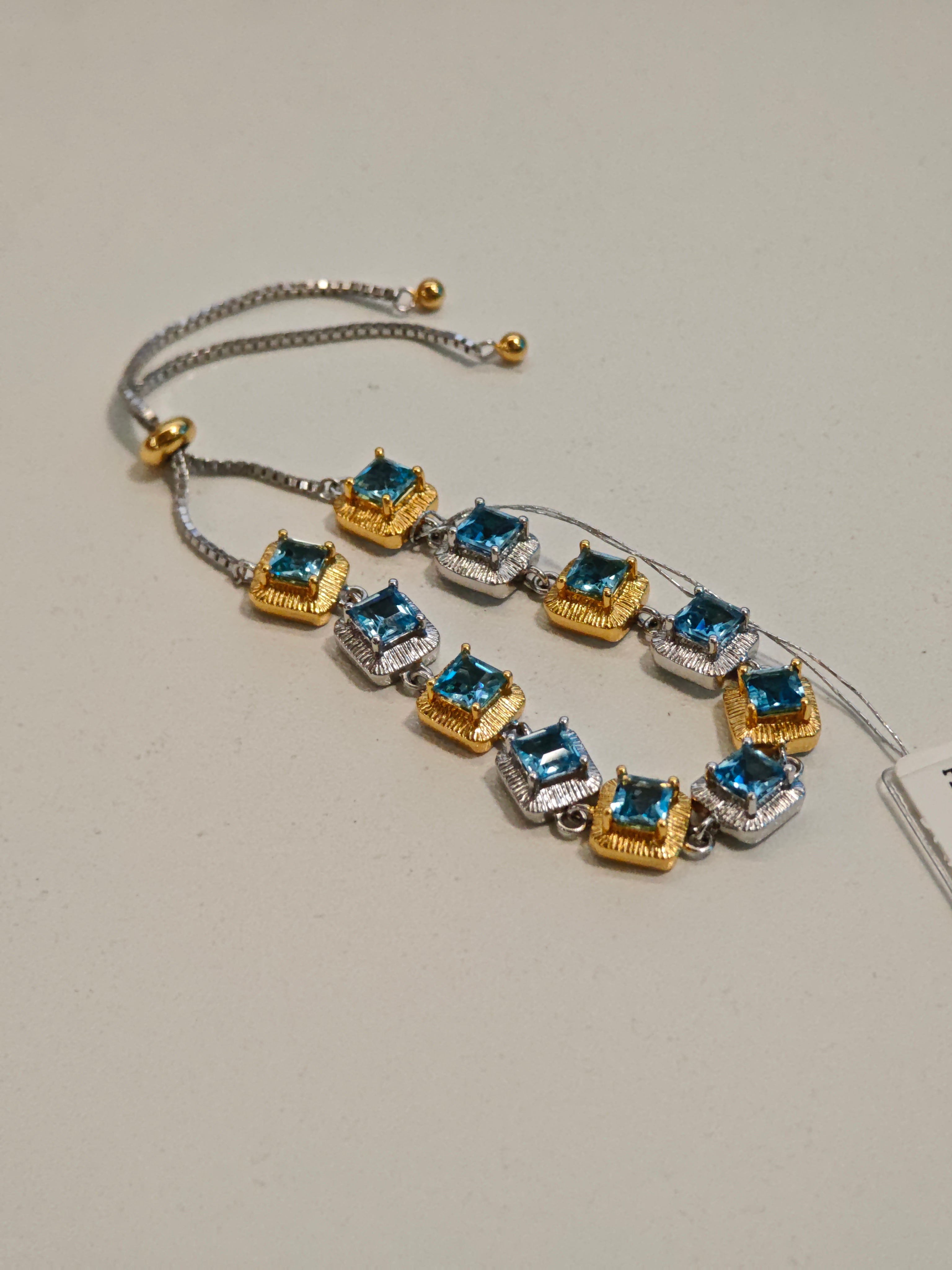 "Ice Sea Sugar Cube" Natural Topaz Two-Tone Adjustable Bracelet, 925 Silver